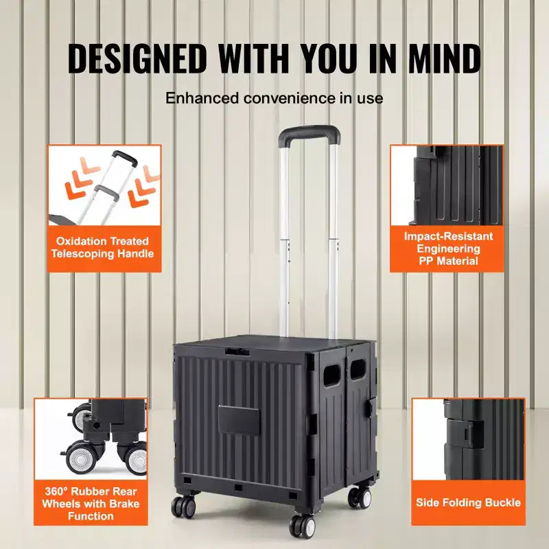 Carrello Utilità Pieghevole Nero, Capacità 50 kg, Uso per 1 Persona, Carrello a 4 Ruote con Manico Telescopico