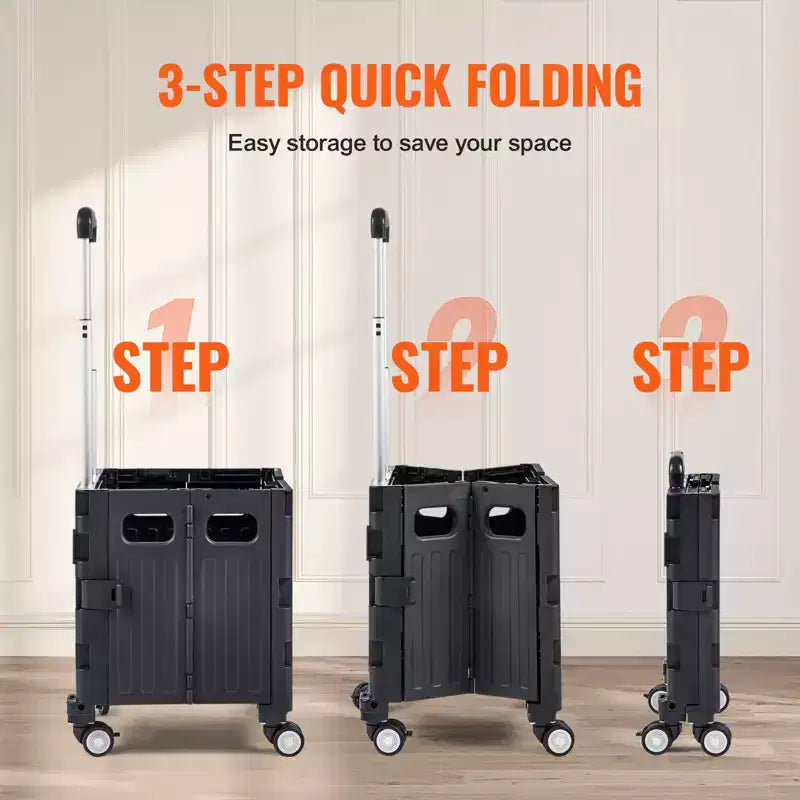 Carrello Utilità Pieghevole Nero, Capacità 50 kg, Uso per 1 Persona, Carrello a 4 Ruote con Manico Telescopico