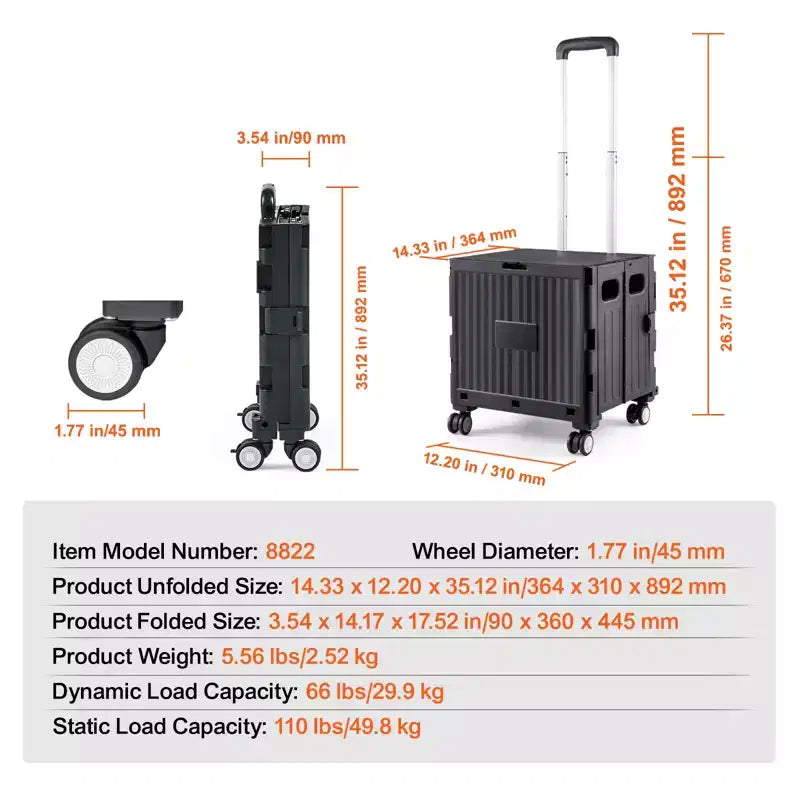Carrello Utilità Pieghevole Nero, Capacità 50 kg, Uso per 1 Persona, Carrello a 4 Ruote con Manico Telescopico