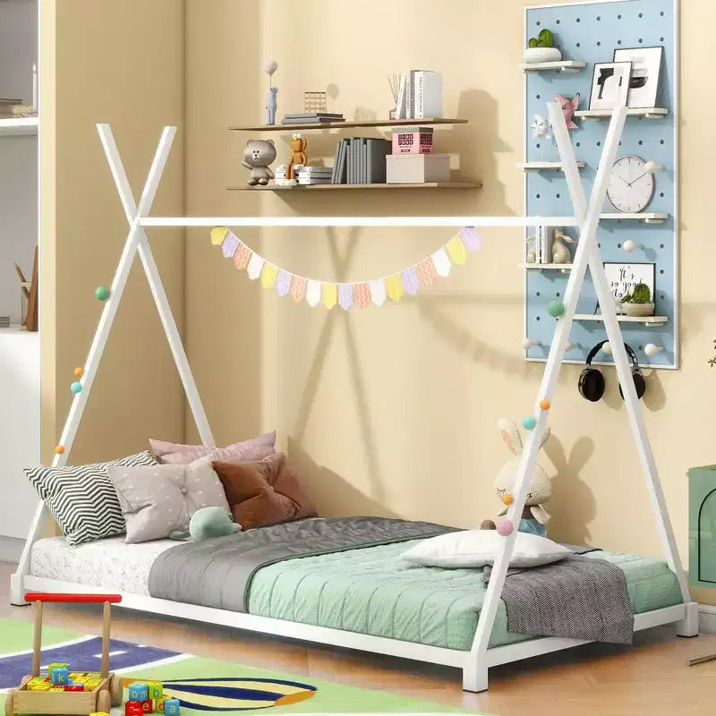 Okak Twin Size Bed Frame, Metal Twin Size House Platform Bed with Triangle Structure for Bedroom, White