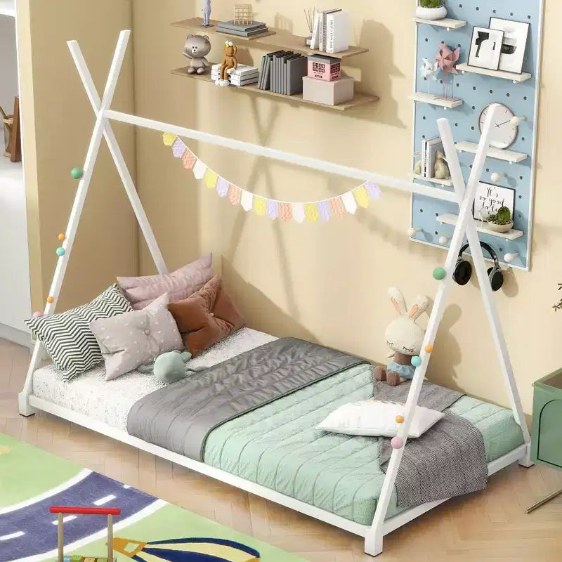 Struttura letto a casetta singola in metallo bianco con struttura a triangolo, 1 persona
