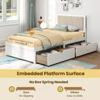Letto a piattaforma singolo bianco e beige con 2 cassetti portaoggetti e testiera imbottita, 1 persona