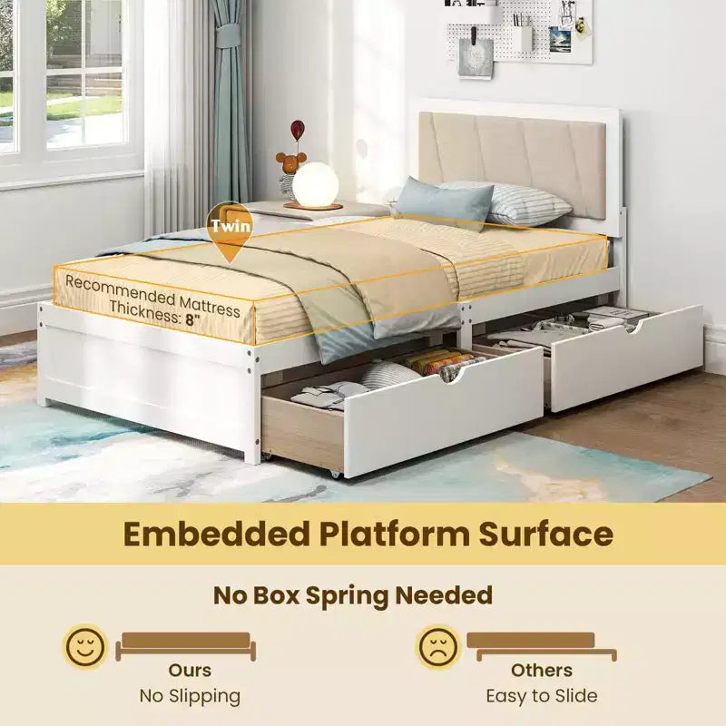 Letto a piattaforma singolo bianco e beige con 2 cassetti portaoggetti e testiera imbottita, 1 persona