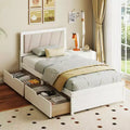Letto a piattaforma singolo bianco e beige con 2 cassetti portaoggetti e testiera imbottita, 1 persona