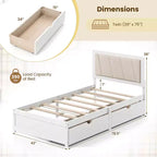 Letto a piattaforma singolo bianco e beige con 2 cassetti portaoggetti e testiera imbottita, 1 persona
