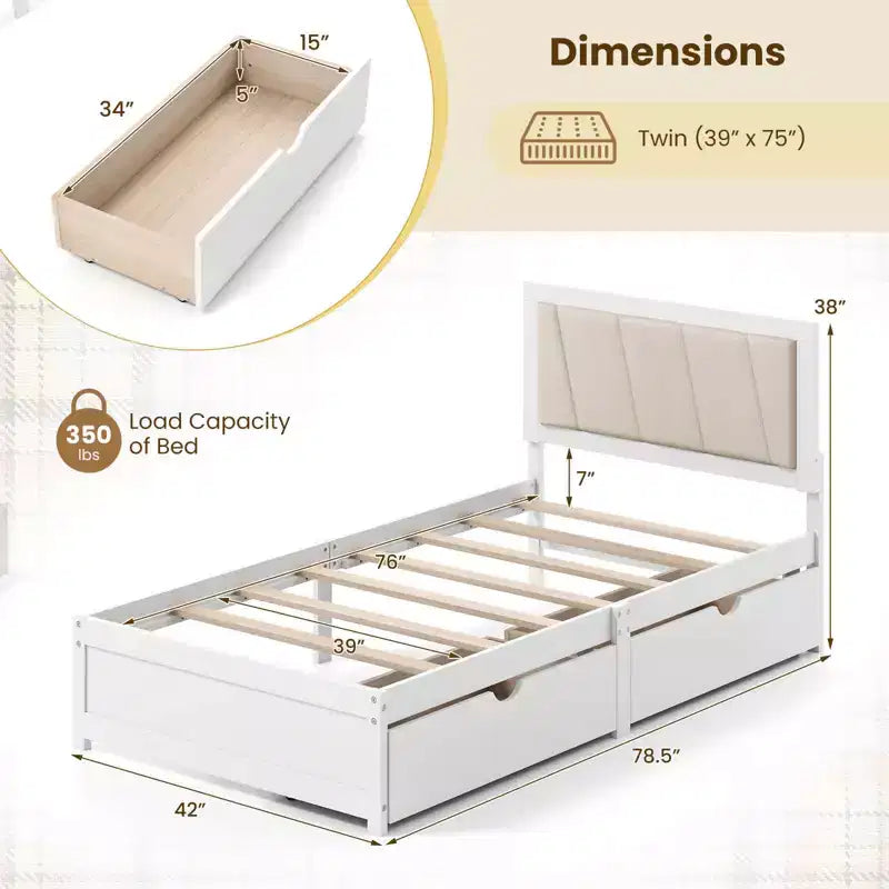 Letto a piattaforma singolo bianco e beige con 2 cassetti portaoggetti e testiera imbottita, 1 persona