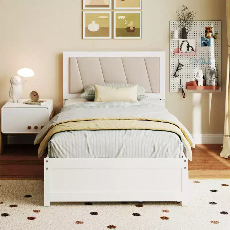 Letto a piattaforma singolo bianco e beige con 2 cassetti portaoggetti e testiera imbottita, 1 persona