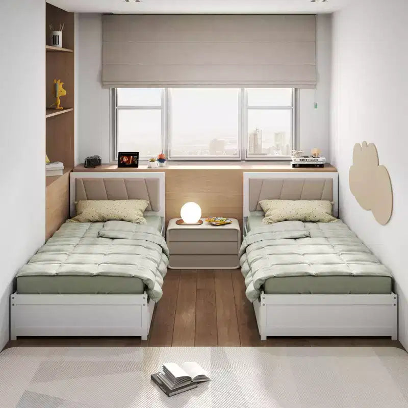 Letto a piattaforma singolo bianco e beige con 2 cassetti portaoggetti e testiera imbottita, 1 persona