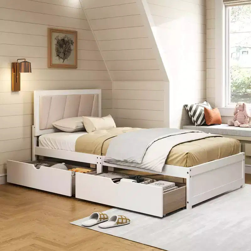 Letto a piattaforma singolo bianco e beige con 2 cassetti portaoggetti e testiera imbottita, 1 persona