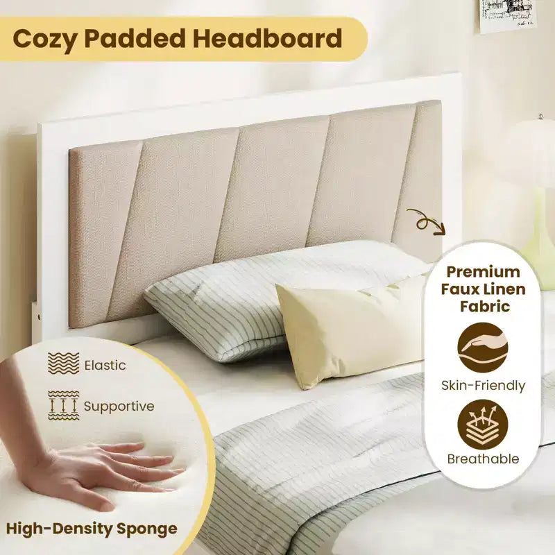 Letto a piattaforma singolo bianco e beige con 2 cassetti portaoggetti e testiera imbottita, 1 persona