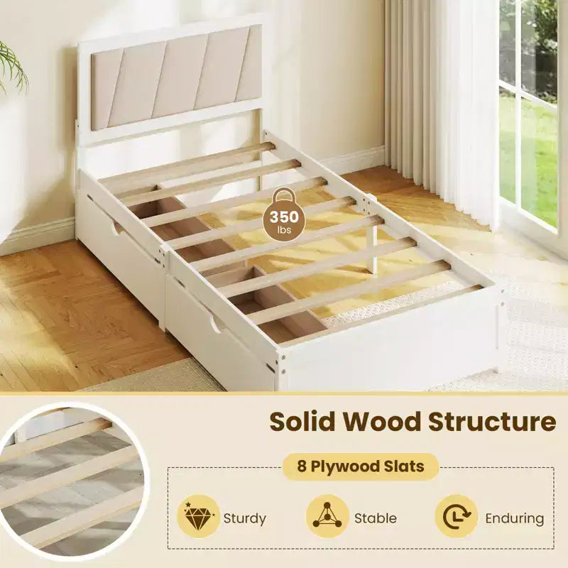 Letto a piattaforma singolo bianco e beige con 2 cassetti portaoggetti e testiera imbottita, 1 persona