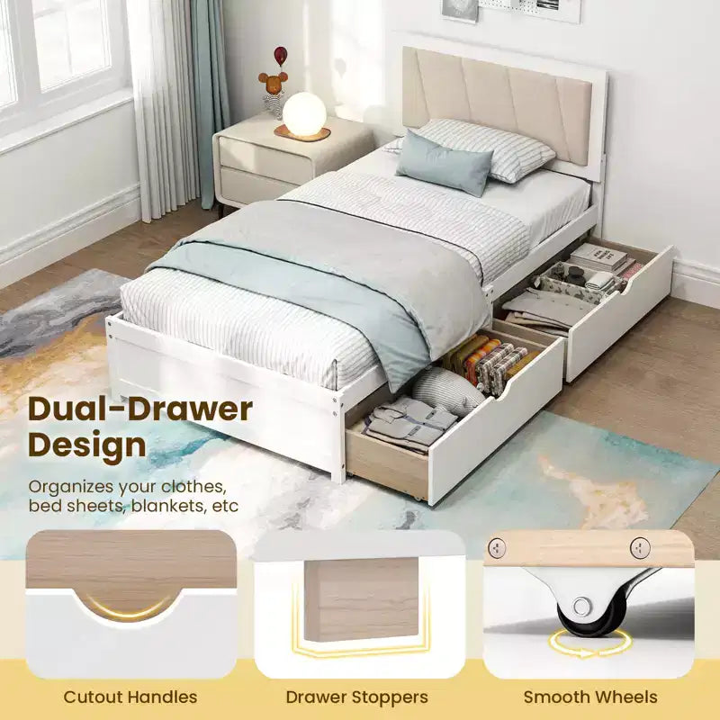 Letto a piattaforma singolo bianco e beige con 2 cassetti portaoggetti e testiera imbottita, 1 persona
