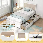 Letto a piattaforma singolo bianco e beige con 2 cassetti portaoggetti e testiera imbottita, 1 persona