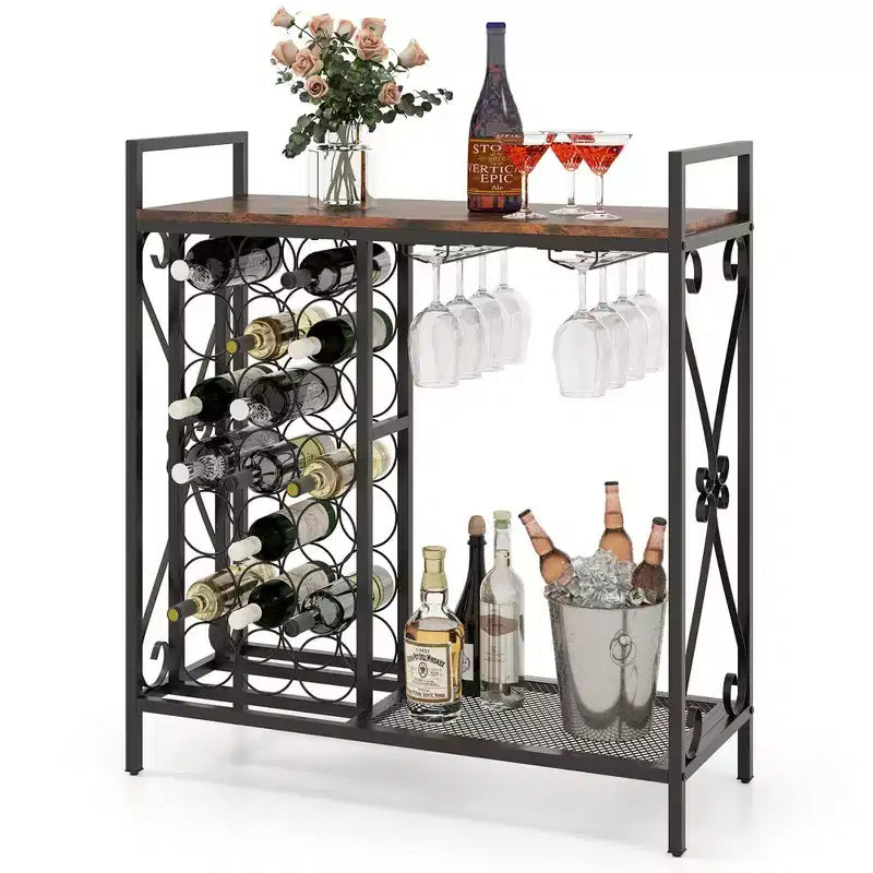 Costway 21 Bottle Wine Rack Freestanding Floor Wine Bottle Organizer with Storage Shelf Black & Gold /Brown