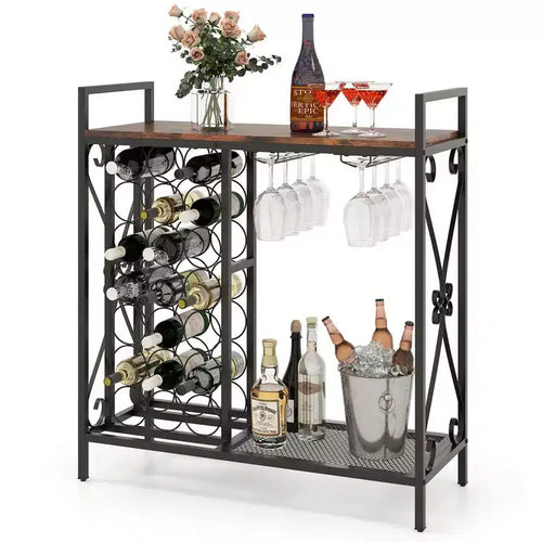 Costway 21 Bottle Wine Rack Freestanding Floor Wine Bottle Organizer with Storage Shelf Black & Gold /Brown