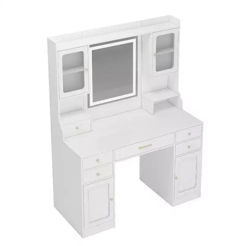 Tavolo da Trucco Moderno Bianco con Specchio e Luci, 6 Cassetti, 4 Armadietti, 1 Posto