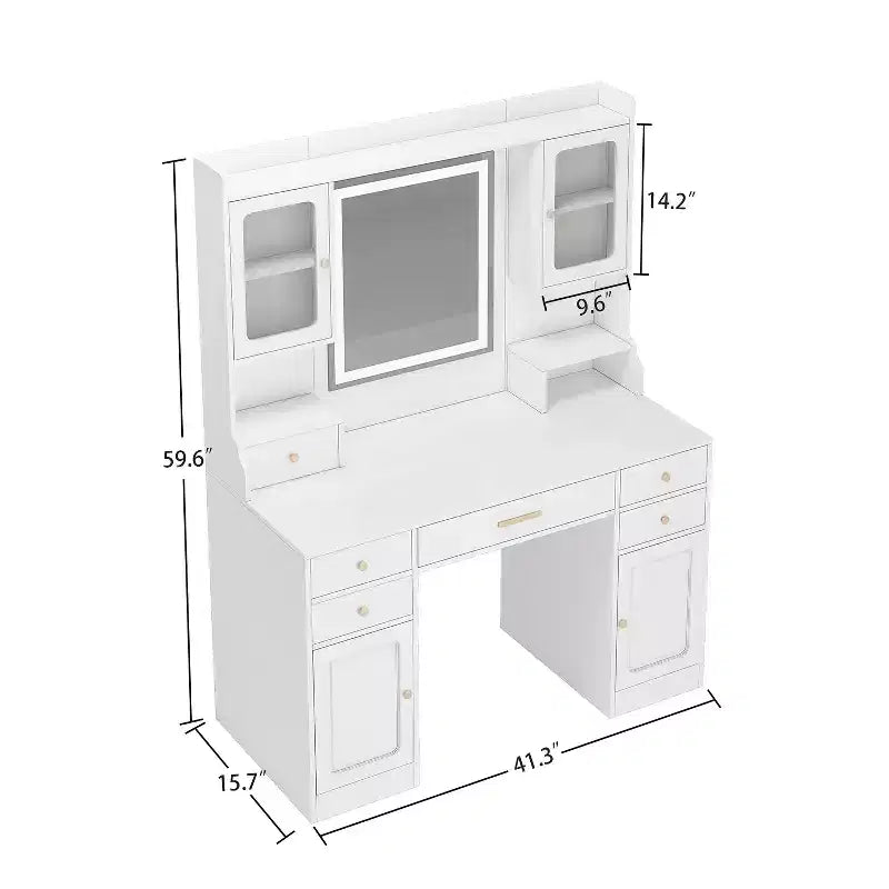 Tavolo da Trucco Moderno Bianco con Specchio e Luci, 6 Cassetti, 4 Armadietti, 1 Posto