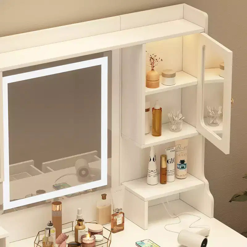 Tavolo da Trucco Moderno Bianco con Specchio e Luci, 6 Cassetti, 4 Armadietti, 1 Posto