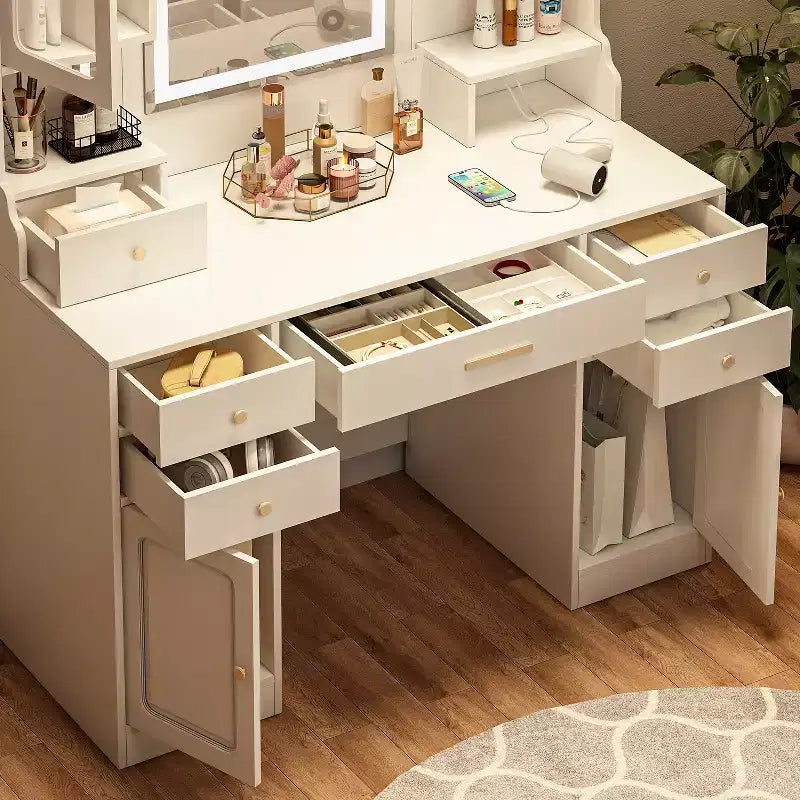 Tavolo da Trucco Moderno Bianco con Specchio e Luci, 6 Cassetti, 4 Armadietti, 1 Posto