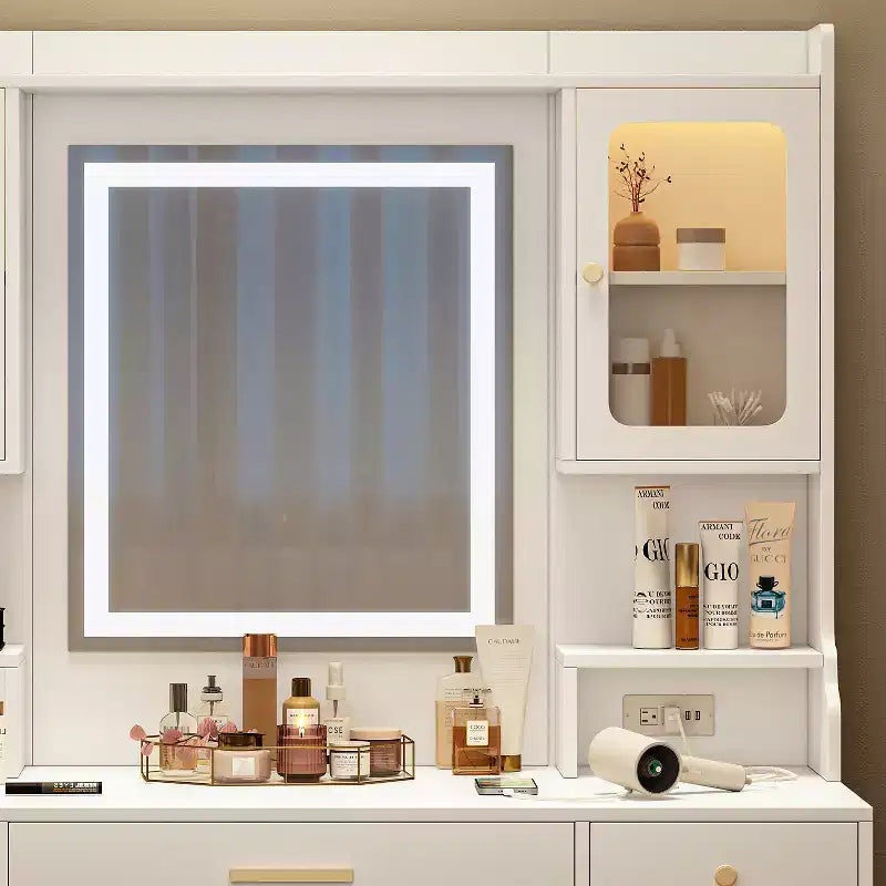 Tavolo da Trucco Moderno Bianco con Specchio e Luci, 6 Cassetti, 4 Armadietti, 1 Posto