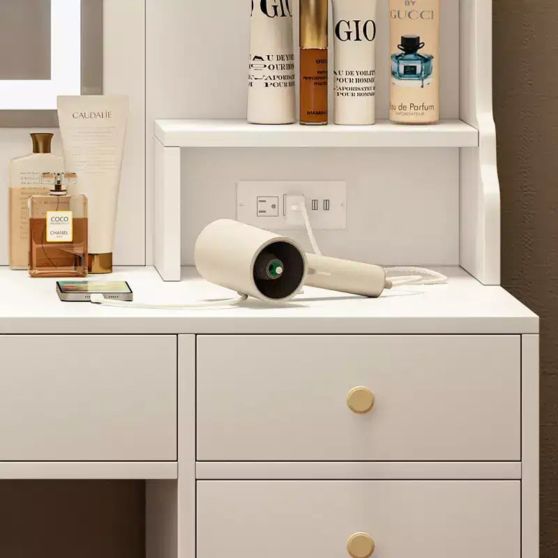 Tavolo da Trucco Moderno Bianco con Specchio e Luci, 6 Cassetti, 4 Armadietti, 1 Posto