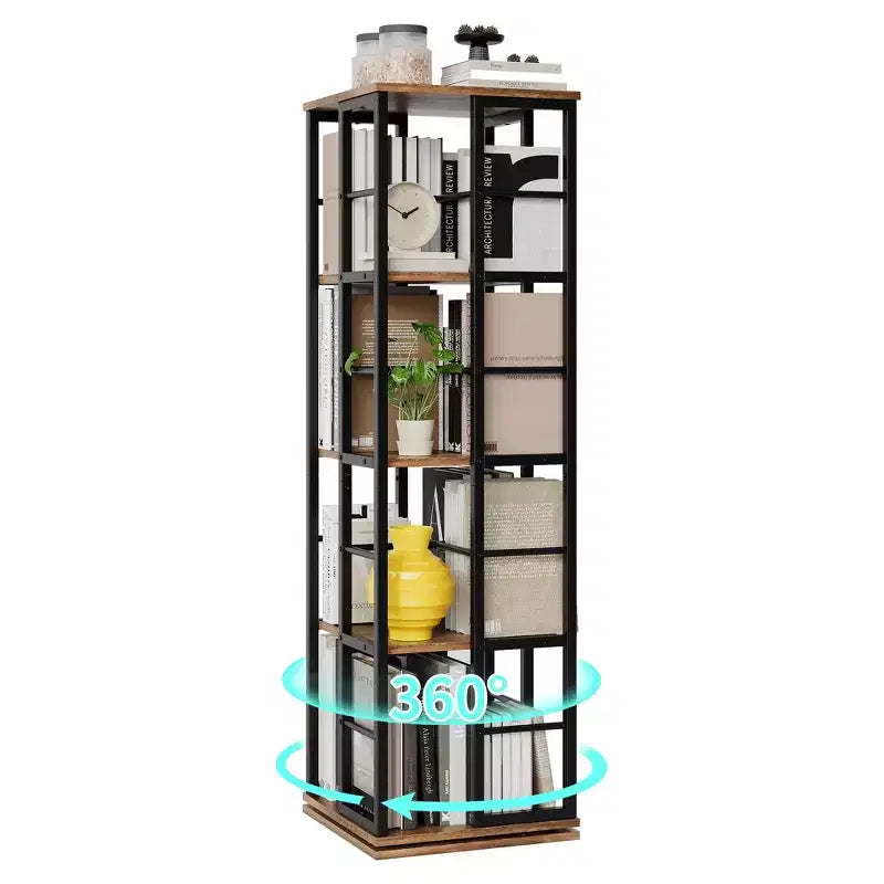 Scaffale porta libri girevole a 360° a 4 ripiani, struttura in metallo – Nero/Marrone/Bianco, singolo