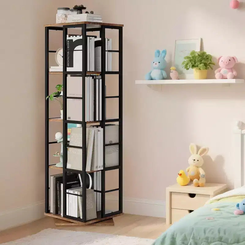 Scaffale porta libri girevole a 360° a 4 ripiani, struttura in metallo – Nero/Marrone/Bianco, singolo