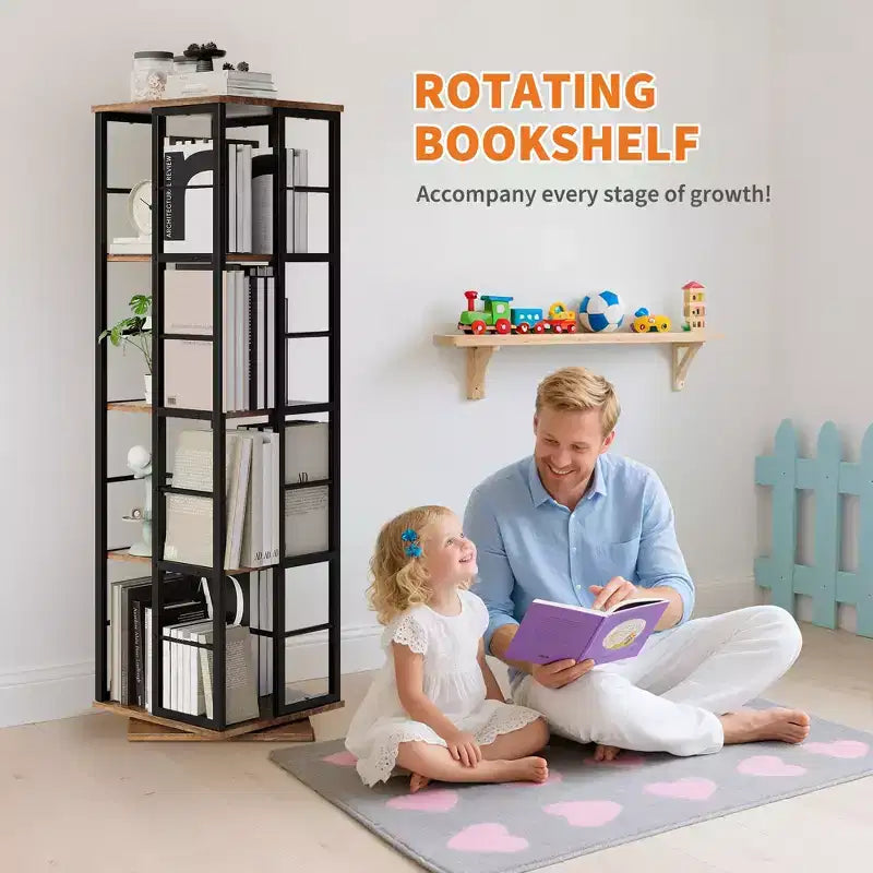 Scaffale porta libri girevole a 360° a 4 ripiani, struttura in metallo – Nero/Marrone/Bianco, singolo