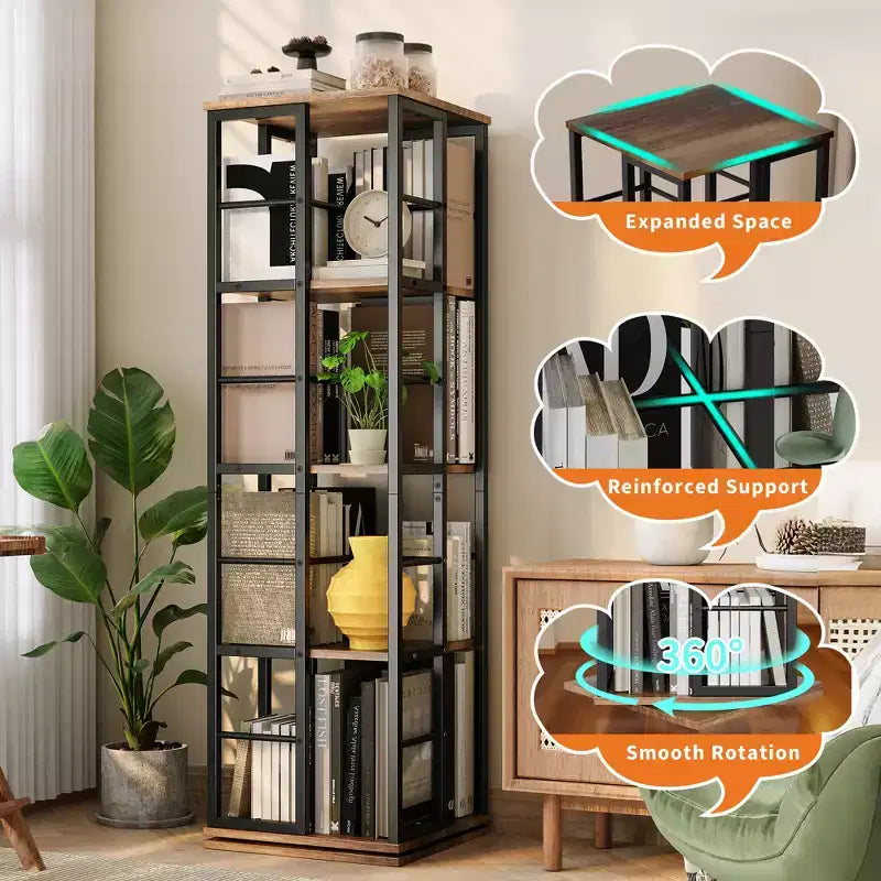 Scaffale porta libri girevole a 360° a 4 ripiani, struttura in metallo – Nero/Marrone/Bianco, singolo