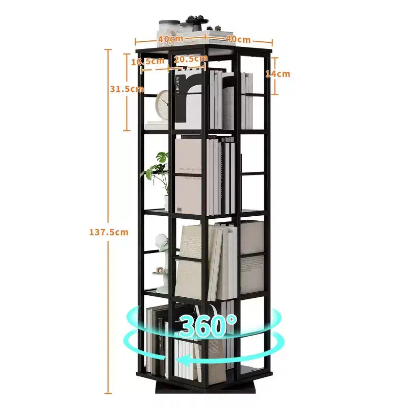 Scaffale porta libri girevole a 360° a 4 ripiani, struttura in metallo – Nero/Marrone/Bianco, singolo