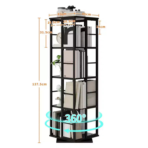 Scaffale porta libri girevole a 360° a 4 ripiani, struttura in metallo – Nero/Marrone/Bianco, singolo