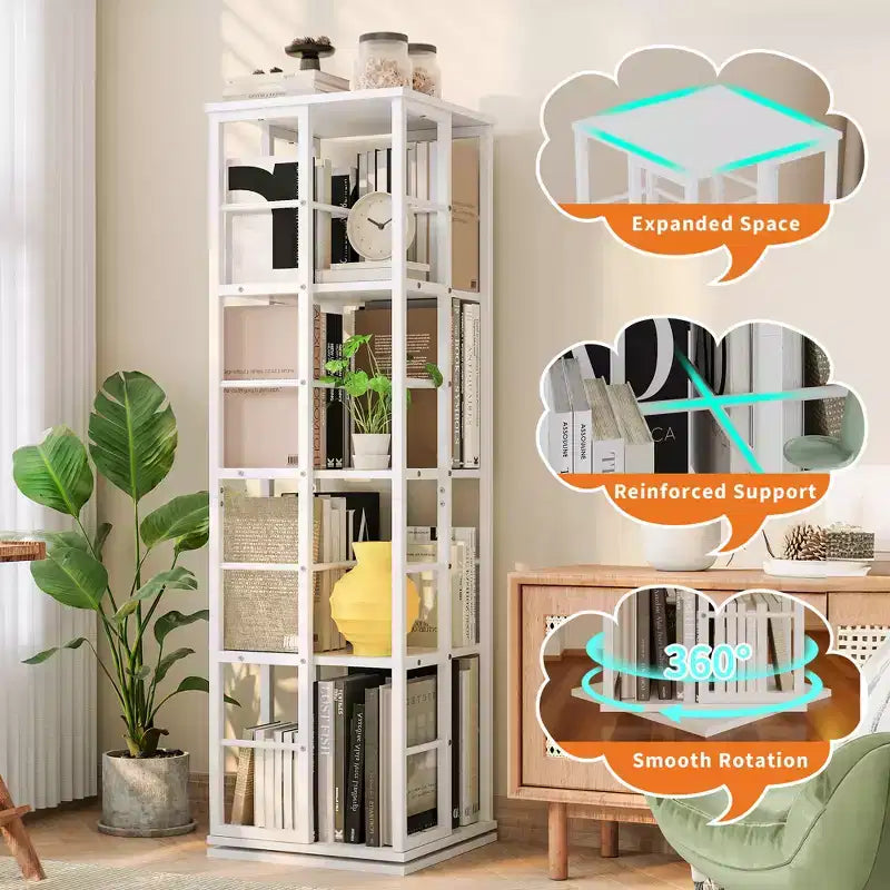 Scaffale porta libri girevole a 360° a 4 ripiani, struttura in metallo – Nero/Marrone/Bianco, singolo