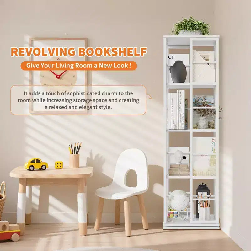 Scaffale porta libri girevole a 360° a 4 ripiani, struttura in metallo – Nero/Marrone/Bianco, singolo