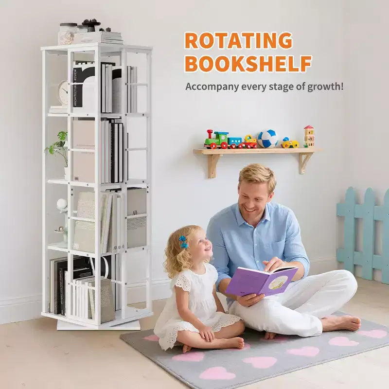 Scaffale porta libri girevole a 360° a 4 ripiani, struttura in metallo – Nero/Marrone/Bianco, singolo