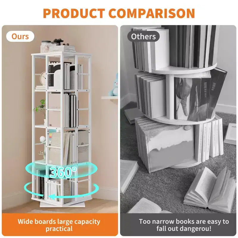 Scaffale porta libri girevole a 360° a 4 ripiani, struttura in metallo – Nero/Marrone/Bianco, singolo