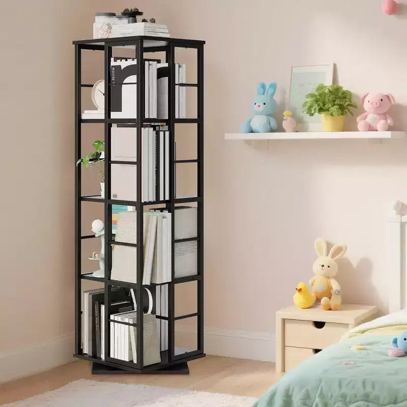 Scaffale porta libri girevole a 360° a 4 ripiani, struttura in metallo – Nero/Marrone/Bianco, singolo