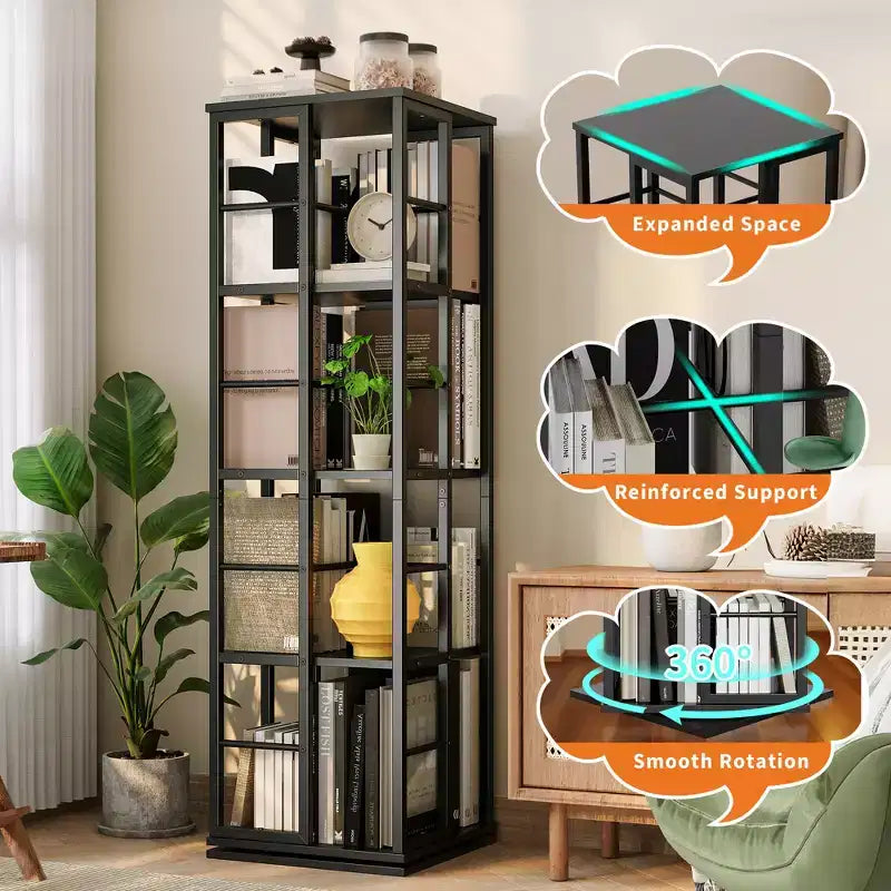 Scaffale porta libri girevole a 360° a 4 ripiani, struttura in metallo – Nero/Marrone/Bianco, singolo