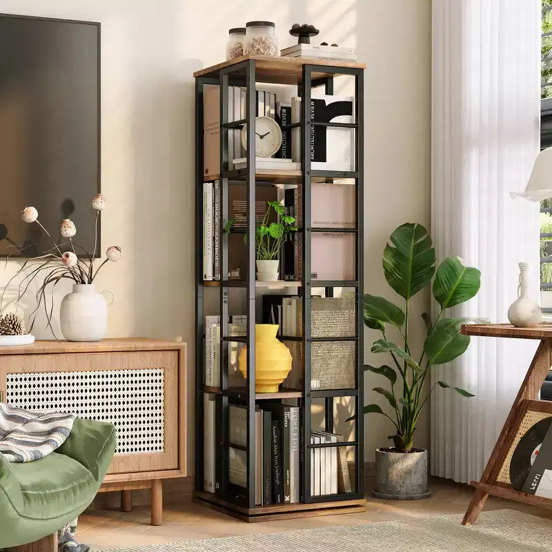 Scaffale porta libri girevole a 360° a 4 ripiani, struttura in metallo – Nero/Marrone/Bianco, singolo