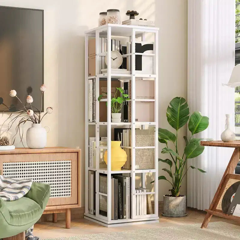 Scaffale porta libri girevole a 360° a 4 ripiani, struttura in metallo – Nero/Marrone/Bianco, singolo