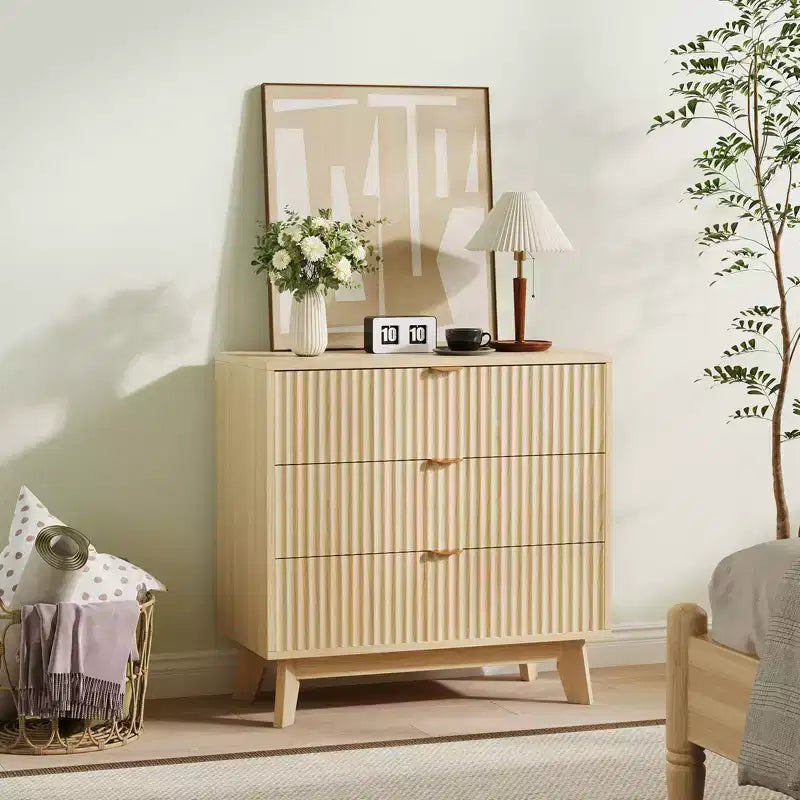 Fluted 3 Drawers Dresser, Wide Modern Chest of Drawers, Curved Profile Design, Dresser TV Stand, Wood Drawer Organizer for Living Room, Hallway
