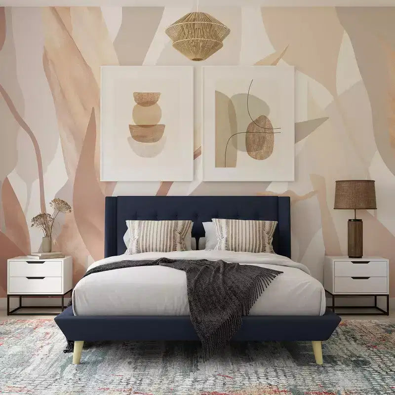 Letto a piattaforma imbottito con alette in lino grigio, Queen, 2 posti letto