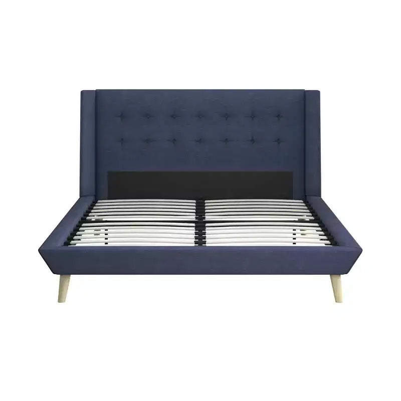 Letto a piattaforma imbottito con alette in lino grigio, Queen, 2 posti letto