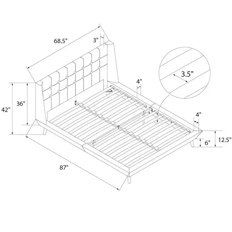 Letto a piattaforma imbottito con alette in lino grigio, Queen, 2 posti letto