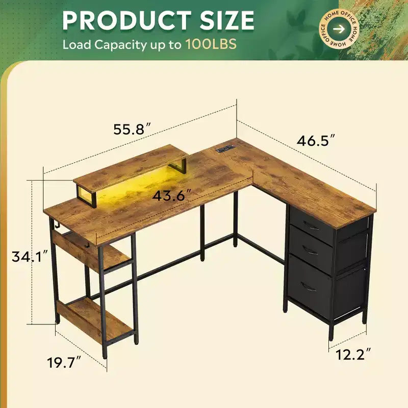 Scrivania angolare a L da 55" con luci LED e vani portaoggetti, Nera, 1 persona