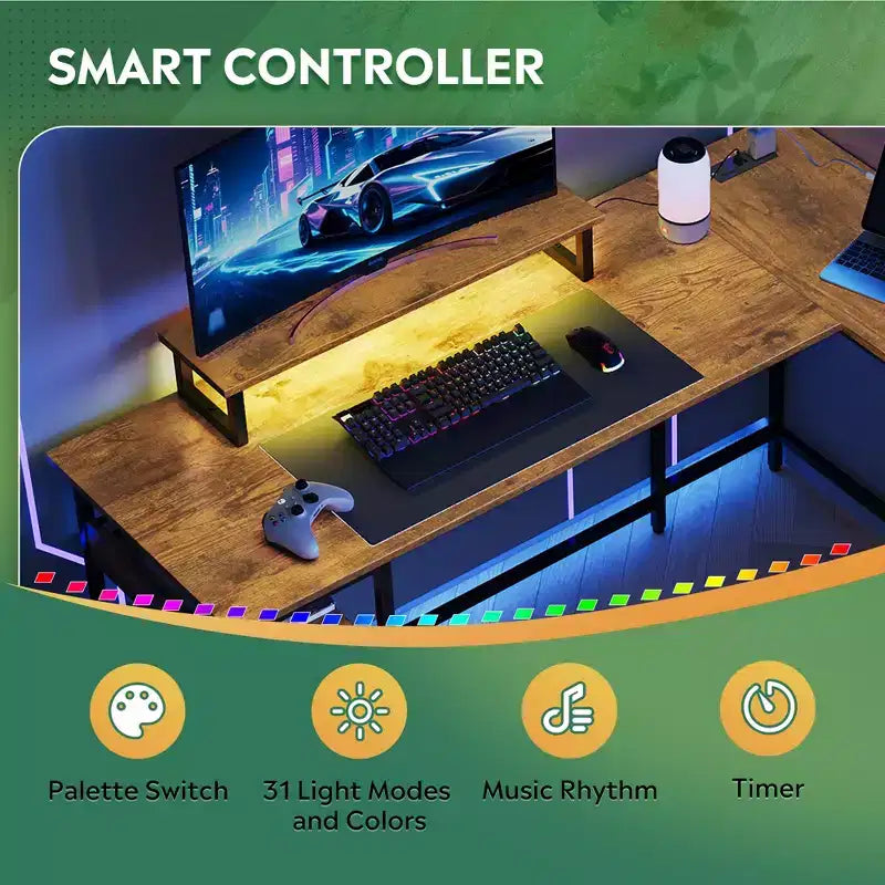 Scrivania angolare a L da 55" con luci LED e vani portaoggetti, Nera, 1 persona