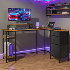 Scrivania angolare a L da 55" con luci LED e vani portaoggetti, Nera, 1 persona