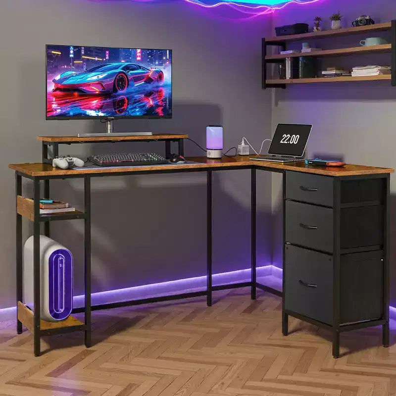 Scrivania angolare a L da 55" con luci LED e vani portaoggetti, Nera, 1 persona
