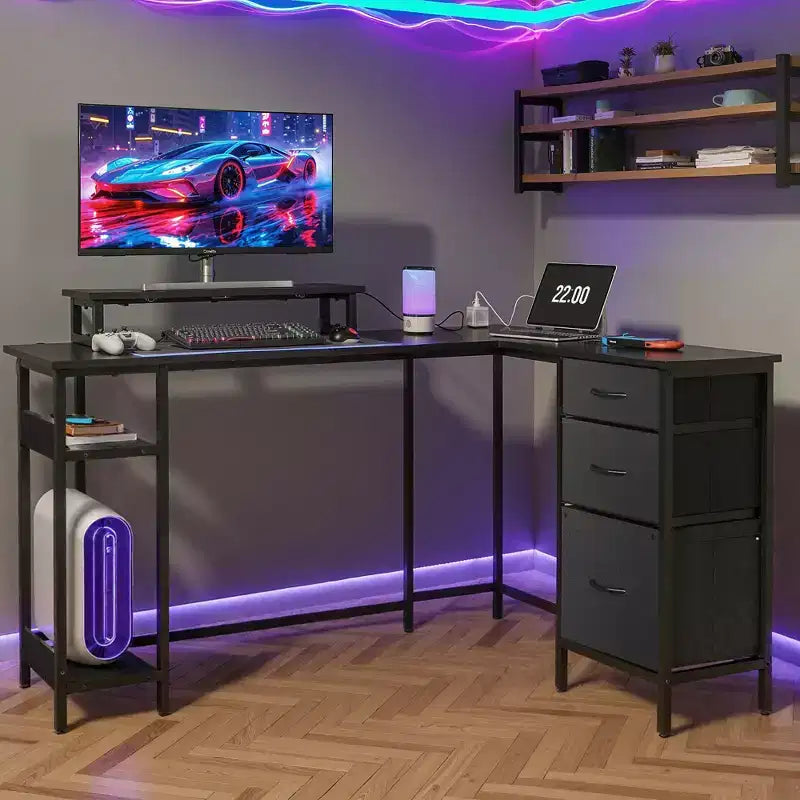 Scrivania angolare a L da 55" con luci LED e vani portaoggetti, Nera, 1 persona