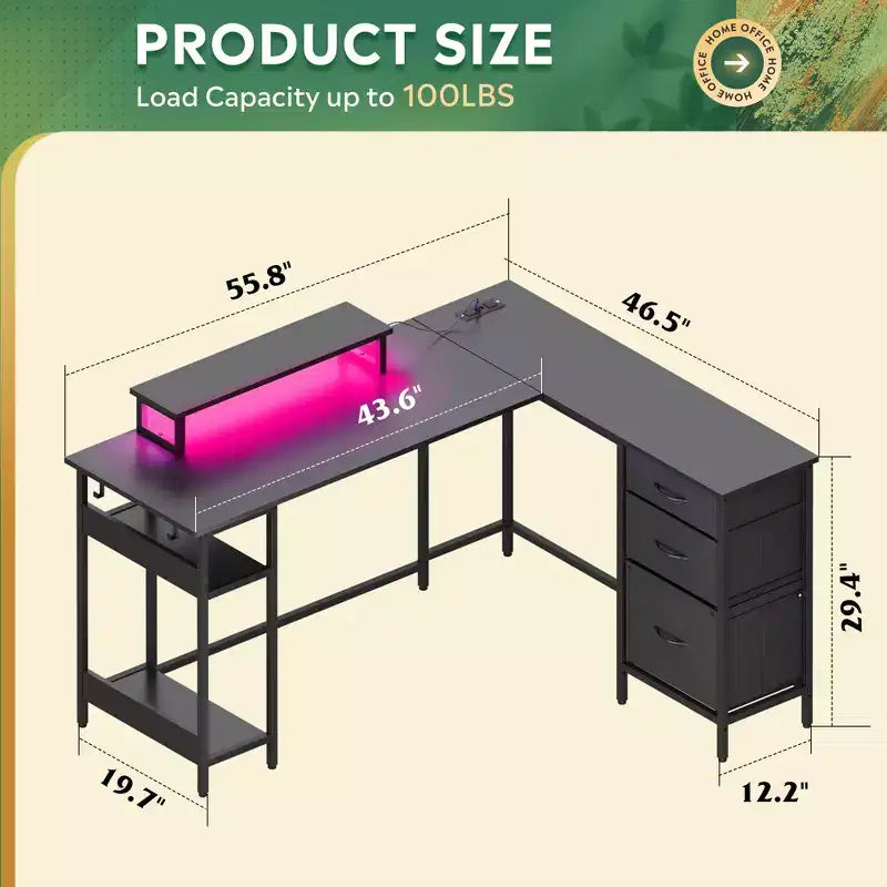 Scrivania angolare a L da 55" con luci LED e vani portaoggetti, Nera, 1 persona