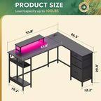 Scrivania angolare a L da 55" con luci LED e vani portaoggetti, Nera, 1 persona